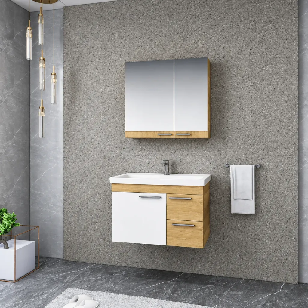 Truva White Wall-Mounted Bathroom Furniture Set with Ceramic Sink and Mirror Cabinet
