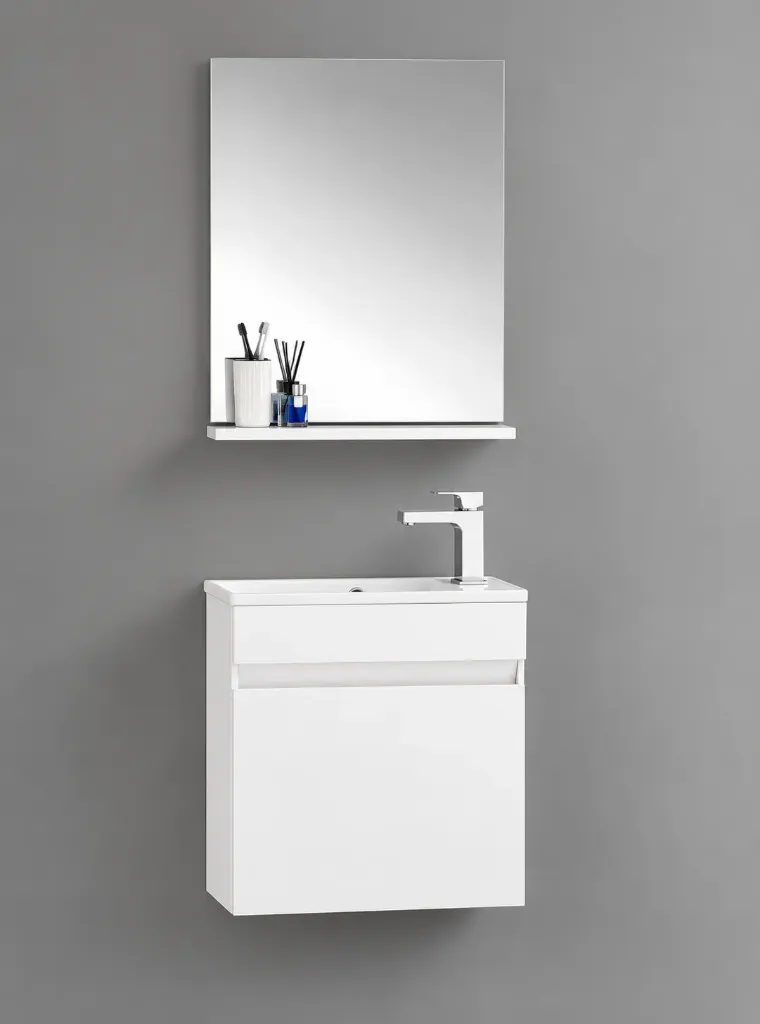 Mini L 50 cm White MDF Bathroom Furniture Set with Ceramic Sink and Mirror Shelf