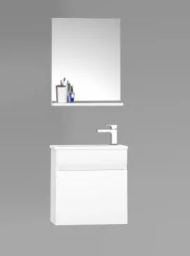 Mini L 50 cm White MDF Bathroom Furniture Set with Ceramic Sink and Mirror Shelf