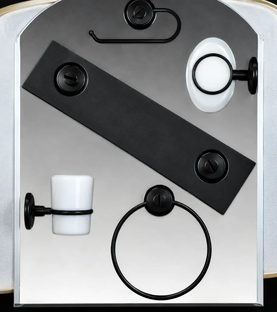 [240/SM] Black 6-Piece Bathroom Accessory Set with Mirror and Holders