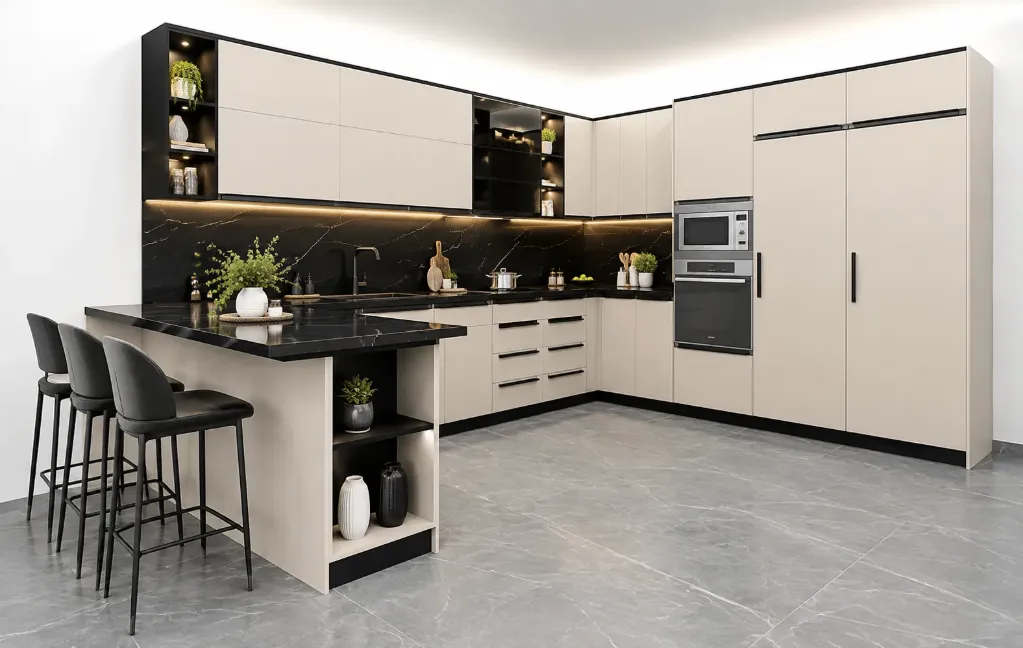 Modular Kitchen Top with Light Cabinets and Dark Worktop
