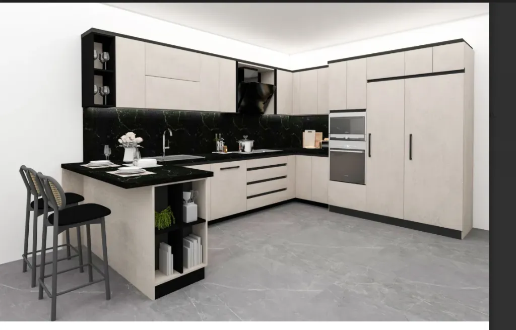 Plan de cuisine modulaire avec armoires claires et plan de travail foncé
