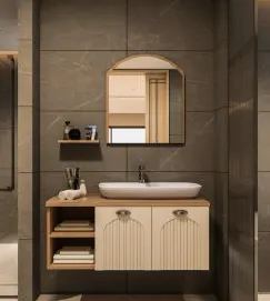 Mobilier de salle de bain Lilyum avec lavabo Nova et miroir encadré (100 cm, Bianco+Or)