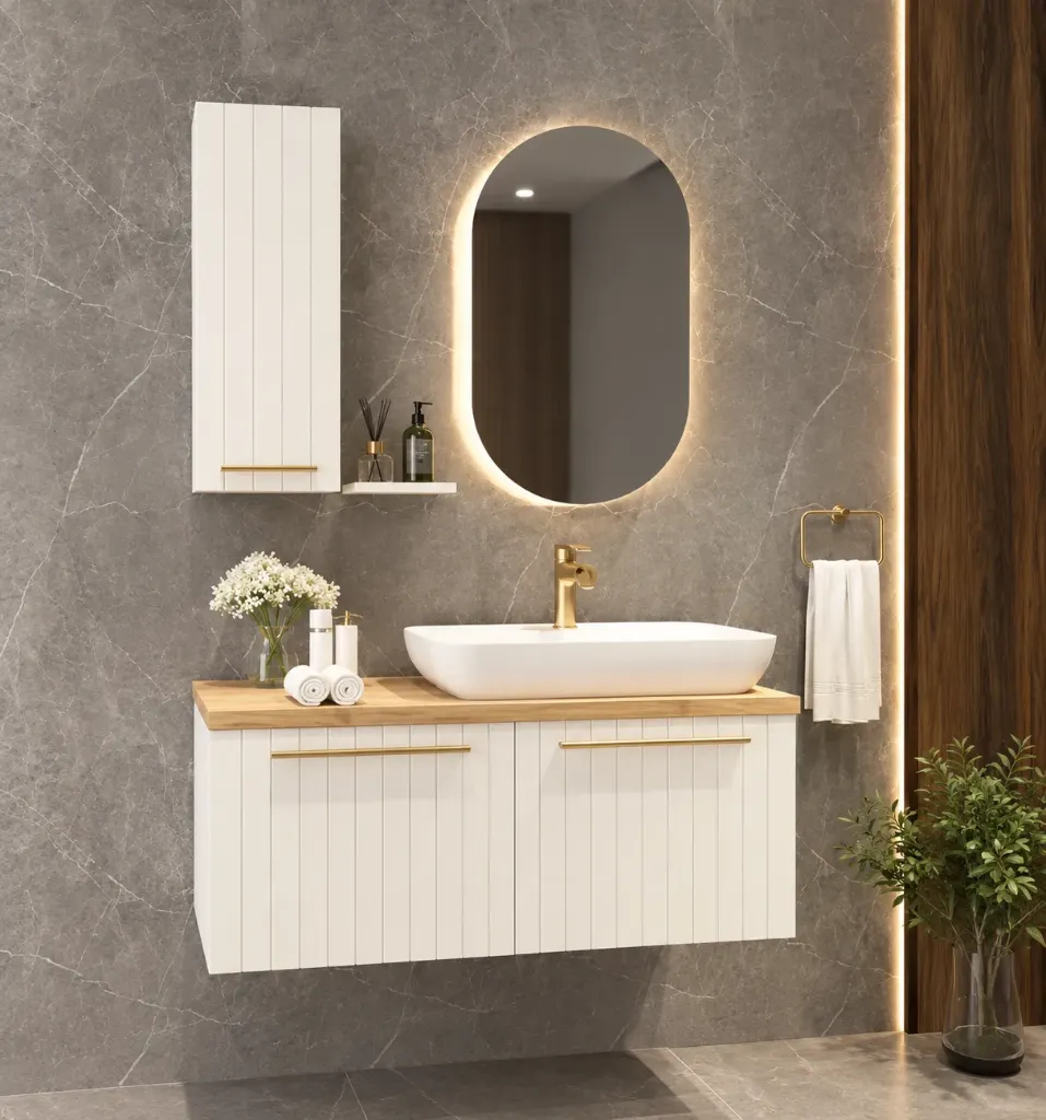 Model 1 100 cm Black Wall-Mounted Bathroom Furniture with Gold-Tone Handles