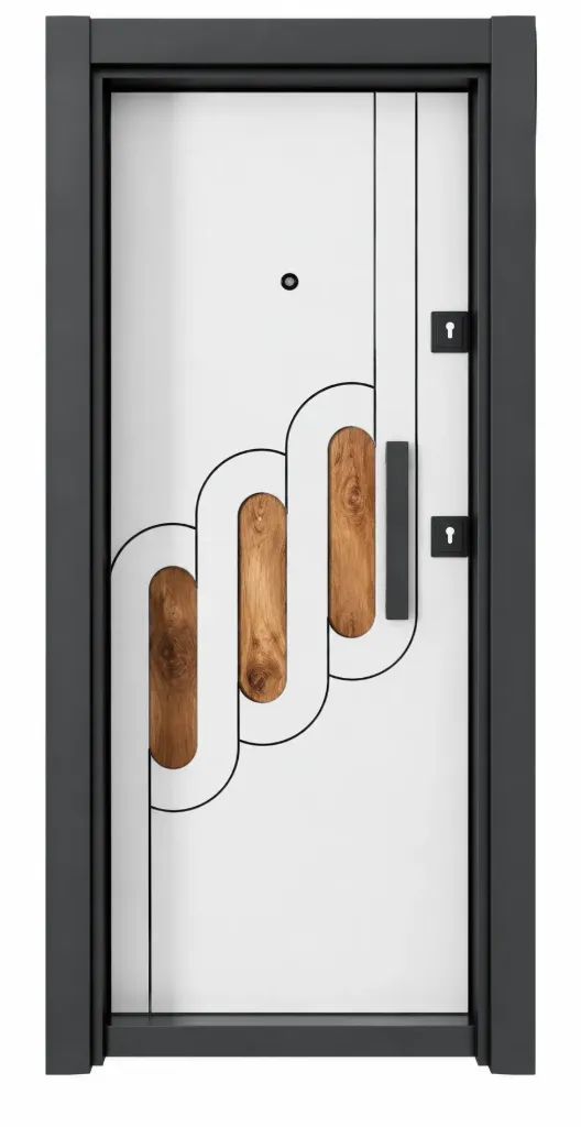 [BRG 2003BO] Porte extérieure série Laminox avec inserts aspect bois et poignée tirante (droite)