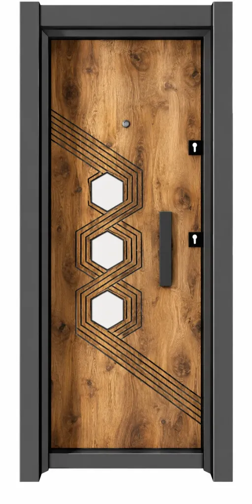 Laminox Series Brown Wood-Look Exterior Door with Hexagonal Inserts