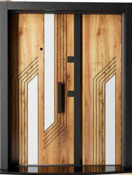 Wood-Look Geometric Exterior Door with Black Pull Handle