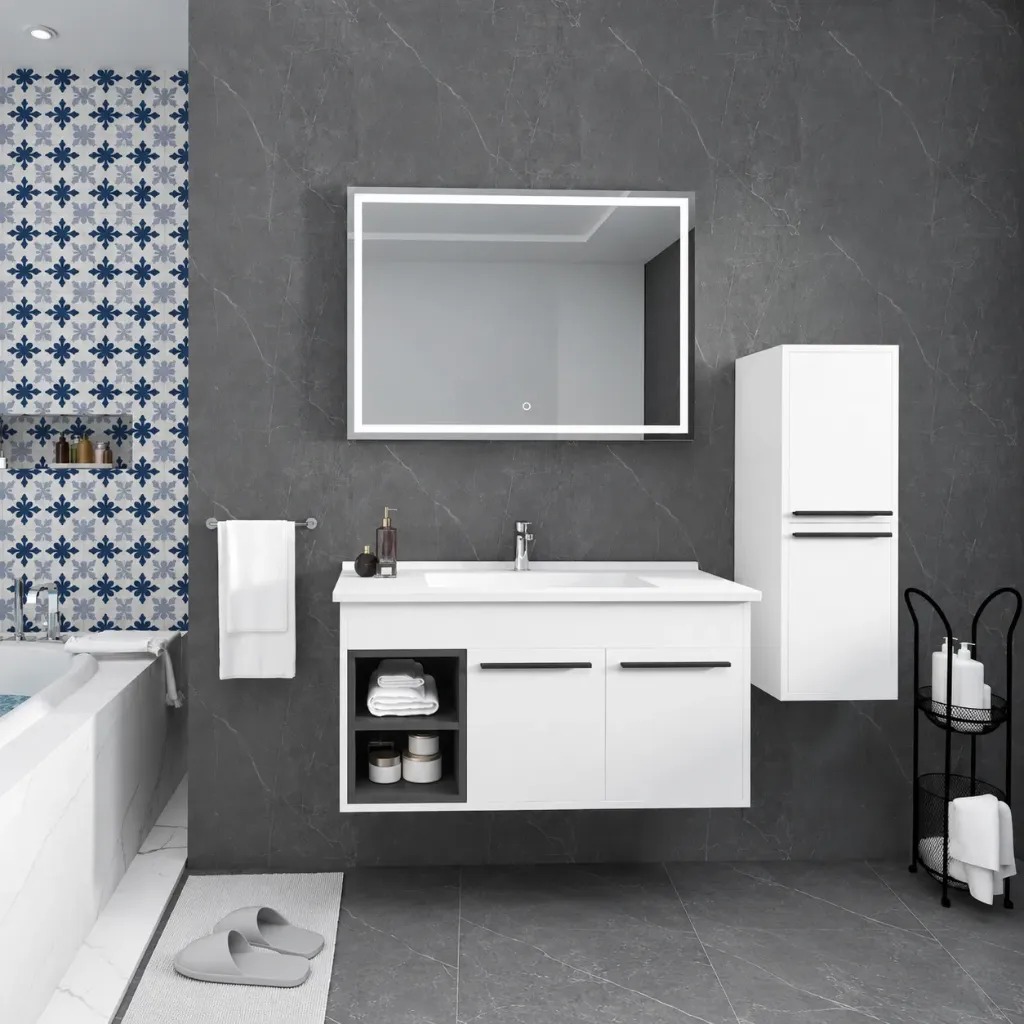 Ensemble de meubles de salle de bain Karanfil/B 100 cm blanc avec lavabo en céramique et miroir LED (Non)
