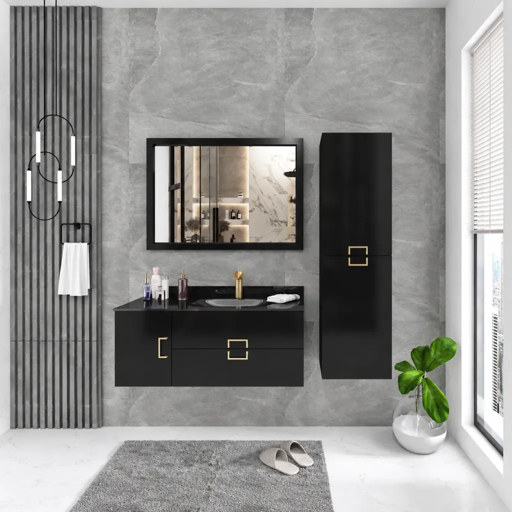 Ensemble de meubles de salle de bain Margo 100 cm foncé avec vasque en verre et miroir encadré