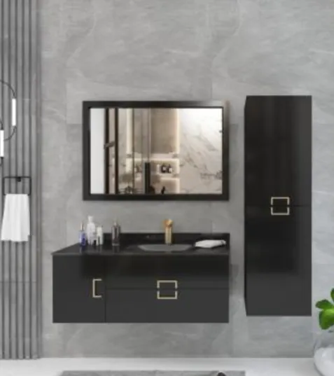 Margo 100 cm Dark Bathroom Furniture Set with Glass Washbasin and Framed Mirror (No)