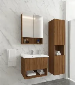 Rona/A Wood-Look MDF Bathroom Furniture with Ceramic Sink and Mirror Cabinet (80 cm, No)