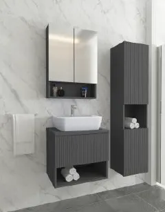 Ensemble de meubles de salle de bain Rona/B gris foncé mural avec vasque blanche (80 cm, Non)