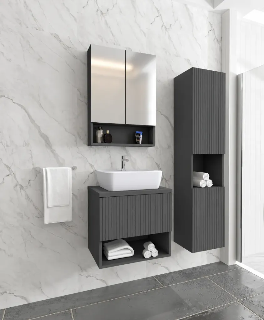 Rona/B Dark Grey Wall-Mounted Bathroom Furniture Set with White Basin (80 cm, No)
