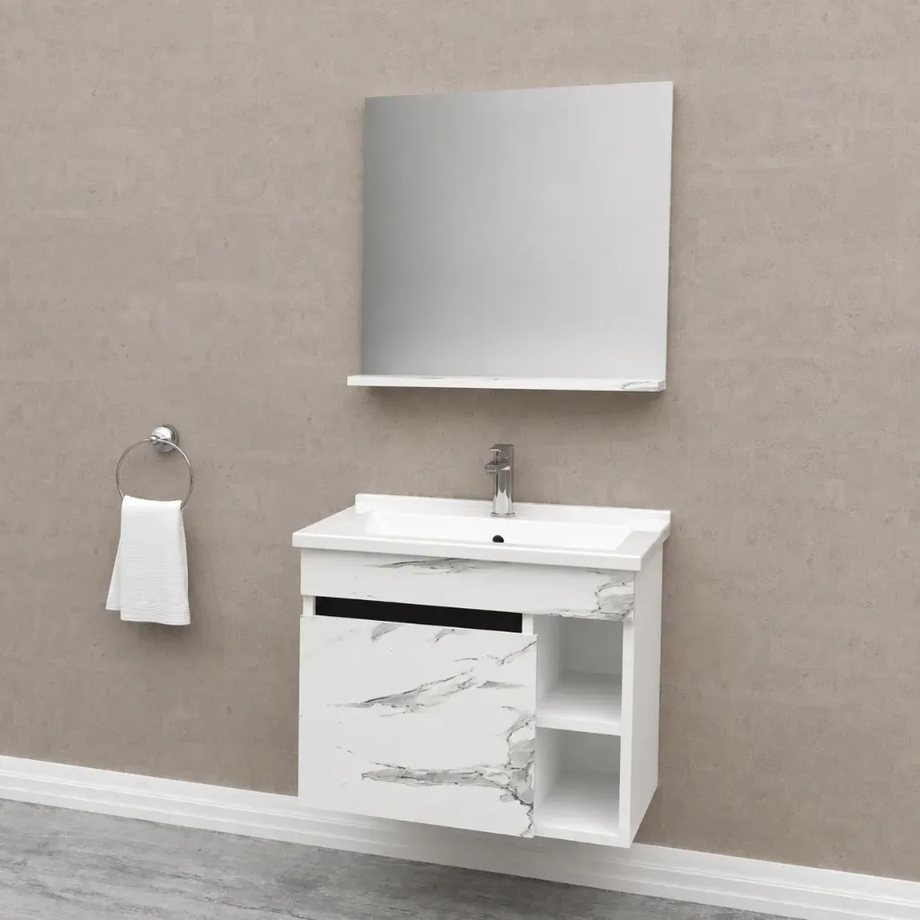 Aksu White Wall-Mounted MDF Bathroom Furniture with Ceramic Sink and Mirror Shelf (80 cm, No)
