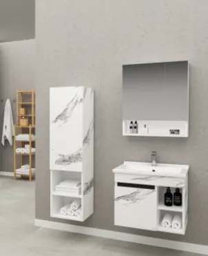 Aksu/B White Marble-Effect Bathroom Furniture Set with Ceramic Sink and Mirror Cabinet (80 cm, No)