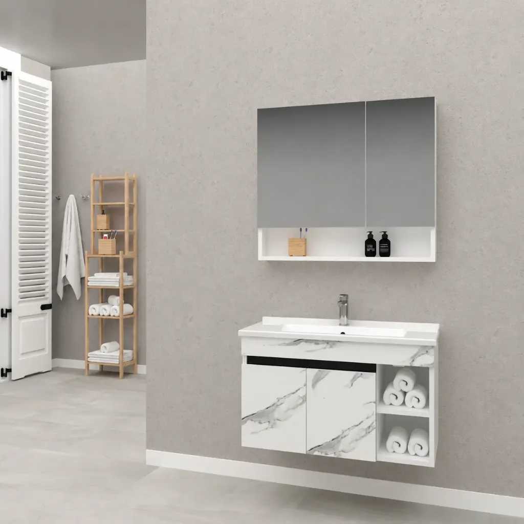Aksu/B White Marble-Effect Bathroom Furniture Set with Ceramic Sink and Mirror Cabinet (80 cm, No)