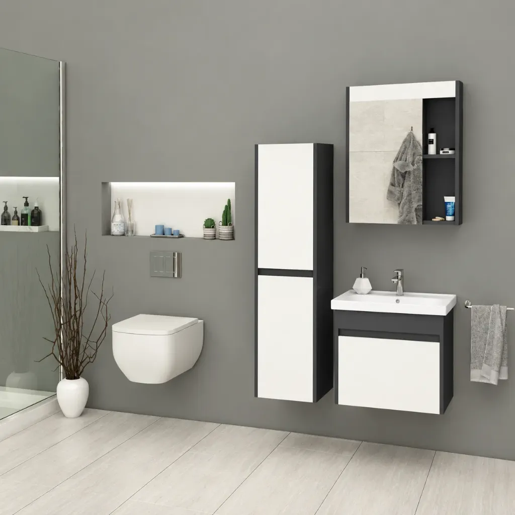 Mobilier de salle de bain Derya en MDF blanc et foncé avec lavabo en céramique et armoire miroir