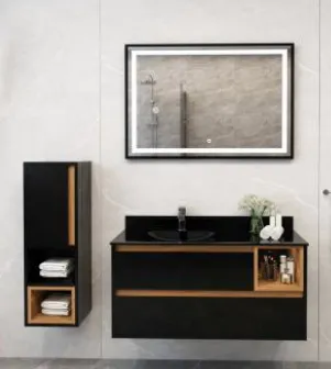 Derin/B 100 cm Black Glass Sink Bathroom Furniture Set with LED Mirror (No)
