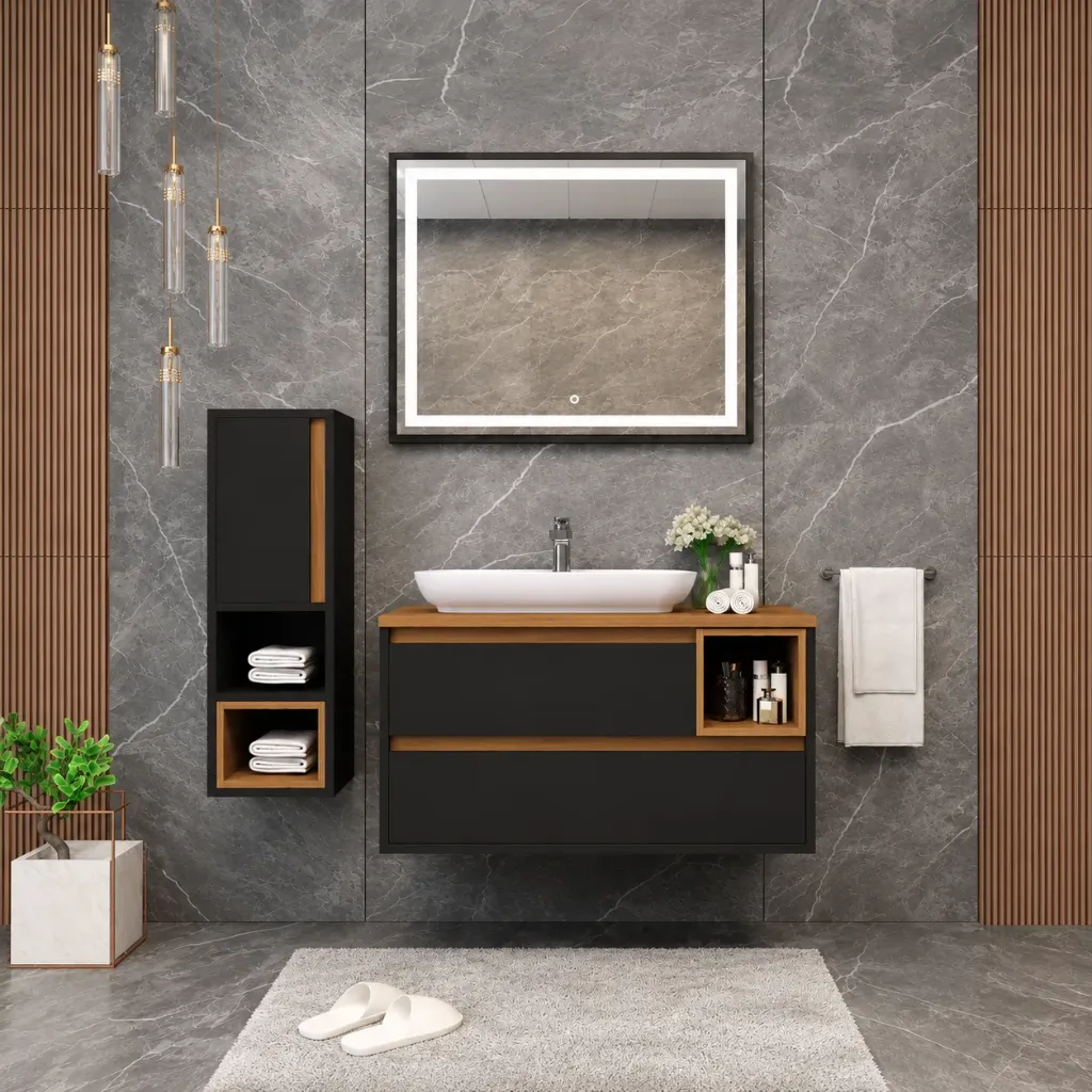 Ensemble Meuble de Salle de Bain Derin/B 100 cm avec Vasque en Verre Noir et Miroir LED (Non)