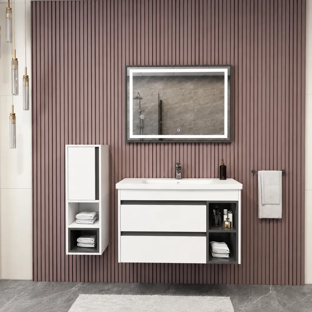 Derin/C 100 cm Bathroom Furniture Set with Ceramic Sink, Drawers and LED Mirror (No)