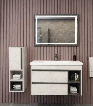 Derin/C 100 cm Bathroom Furniture Set with Ceramic Sink, Drawers and LED Mirror (No)