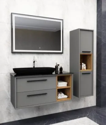 Jasmine/A 100 cm Bathroom Furniture Set with Black Nova 70 Washbasin and LED Mirror (No)