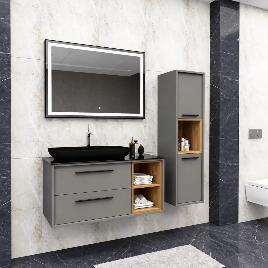 Jasmine/A 100 cm Bathroom Furniture Set with Black Nova 70 Washbasin and LED Mirror (No)