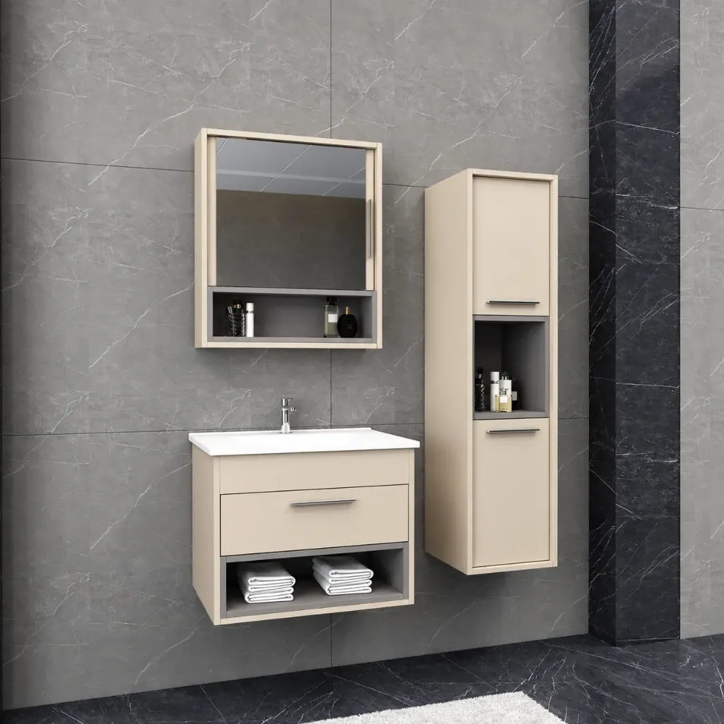 Jasmine/B Light Cream Wall-Mounted Bathroom Furniture Set with LED Mirror (80 cm, No)