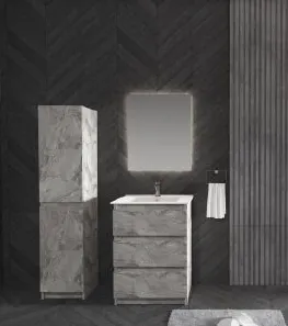 Ensemble de meubles de salle de bain Jupiter effet pierre grise avec lavabo en céramique et miroir LED (60 cm, Non)