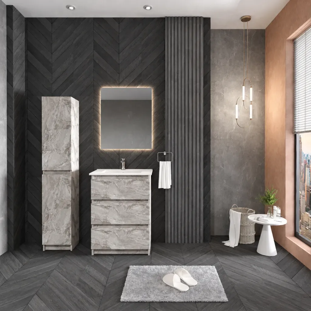 Jupiter Grey Stone-Effect Bathroom Furniture Set with Ceramic Sink and LED Mirror (60 cm, No)