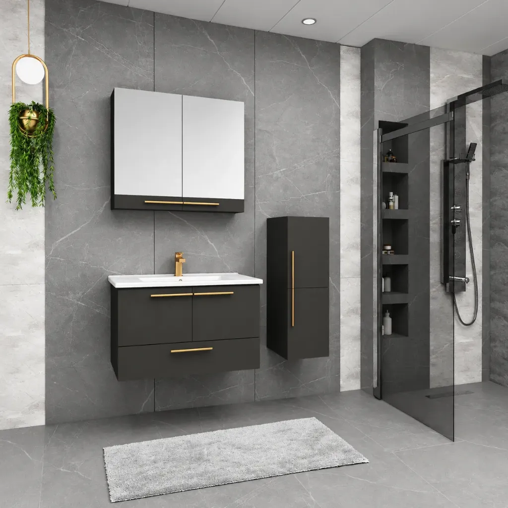 Ensemble de meubles de salle de bain mural sombre Lara/A 100 cm avec lavabo Nova 70 et armoire miroir (Non)