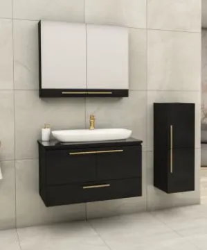 Lara/A 100 cm Dark Wall-Mounted Bathroom Furniture Set with Nova 70 Washbasin and Mirror Cabinet (No)