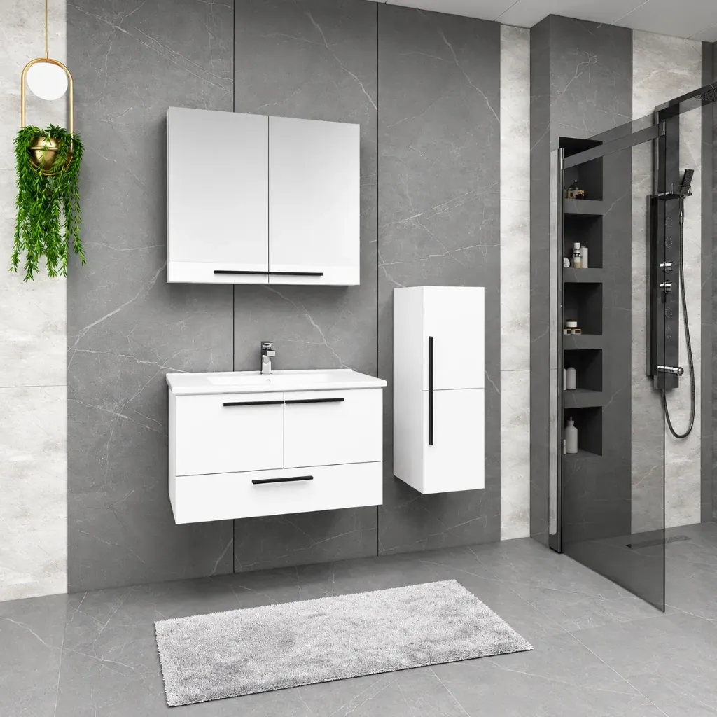 Ensemble de meubles de salle de bain Lara/B 100 cm blanc avec lavabo en céramique et armoire miroir (Non)