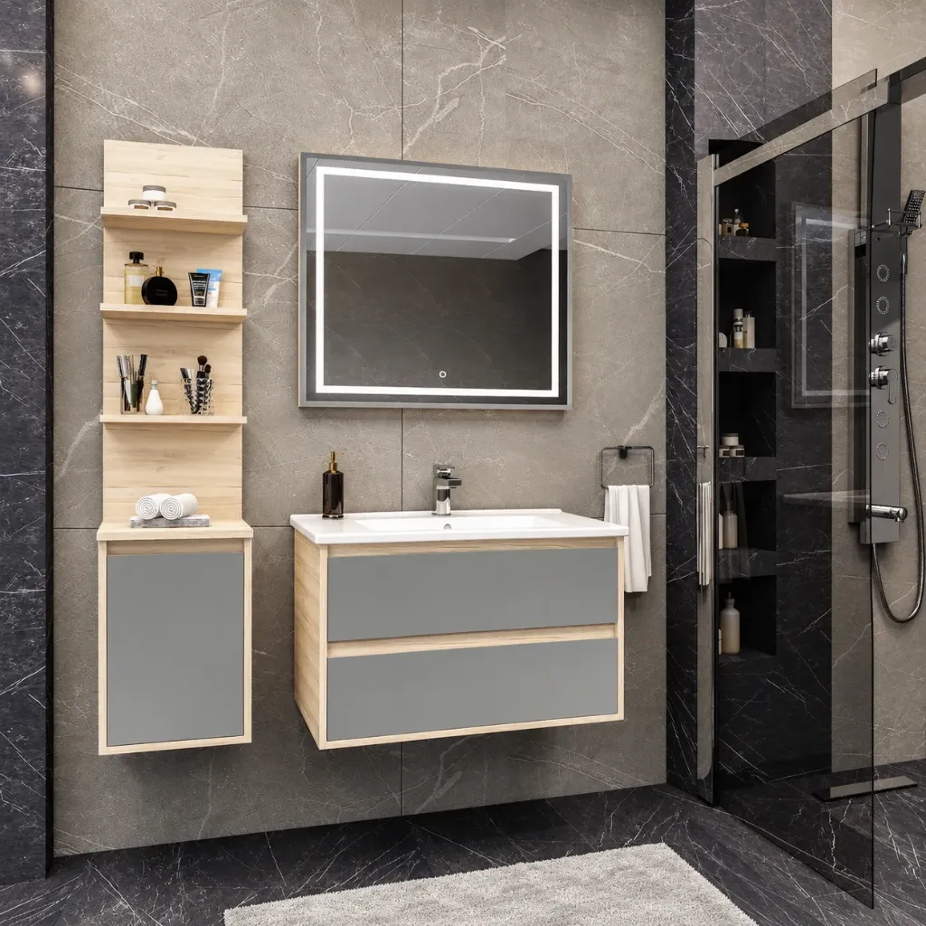 Luga/A 80 cm Bathroom Furniture Set with Ceramic Sink and LED Mirror (No)