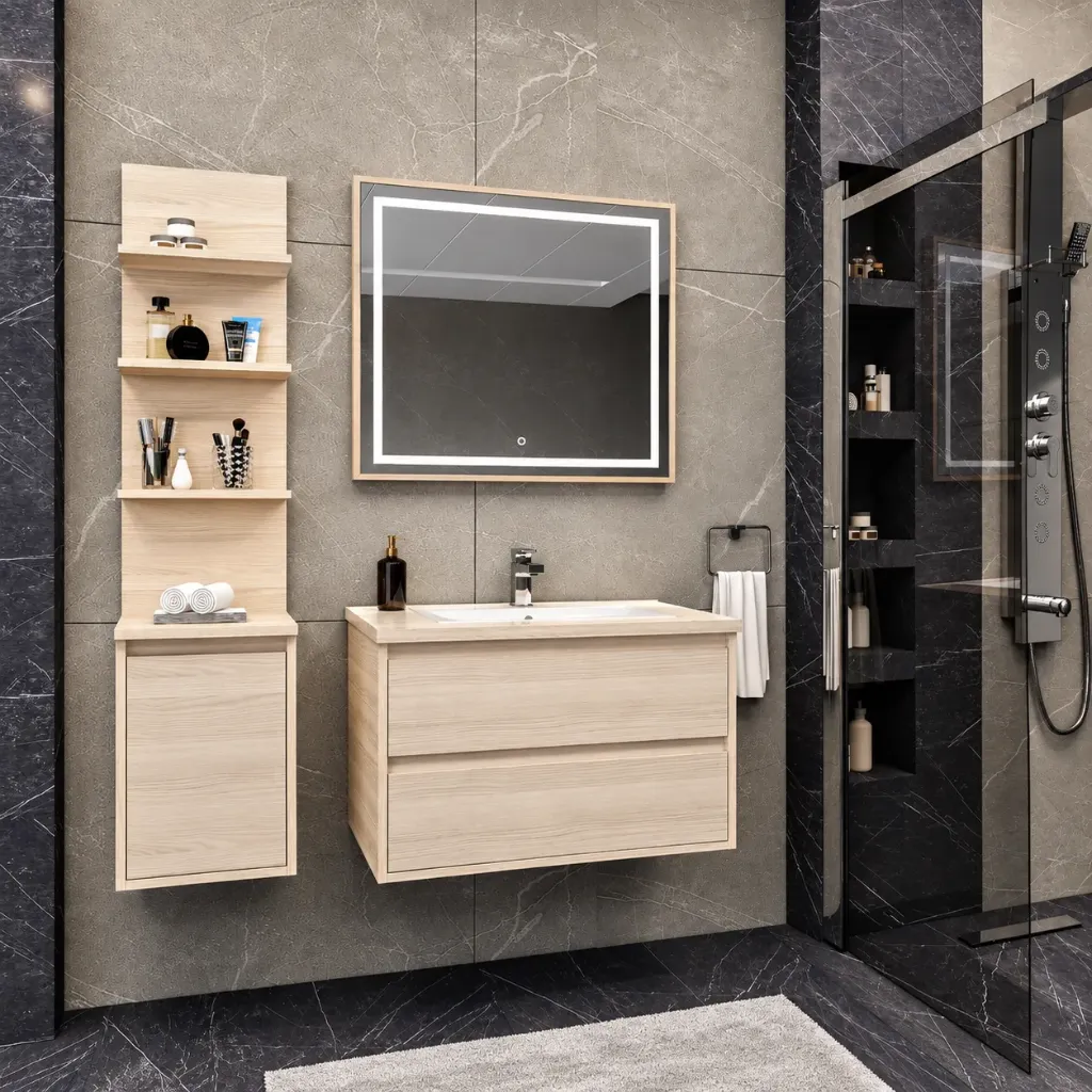 Ensemble de meubles de salle de bain Luga/B 80 cm aspect bois clair avec lavabo Sempre et miroir LED (Non)