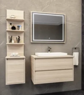 Luga/B 80 cm Light Wood-Look Bathroom Furniture Set with Sempre Washbasin and LED Mirror (No)