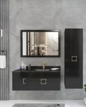Magro 100 cm Black Acrylic Bathroom Furniture with Glass Washbasin and Framed Mirror (No)