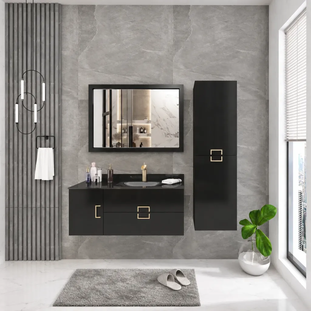 Magro 100 cm Black Acrylic Bathroom Furniture with Glass Washbasin and Framed Mirror (No)