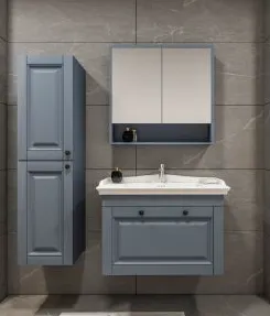 Ensemble de meubles de salle de bain Mono gris laqué avec lavabo en céramique et miroir encadré (80 cm, Non)