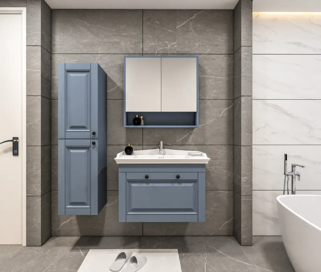Mono Grey Lacquered Bathroom Furniture Set with Ceramic Sink and Framed Mirror