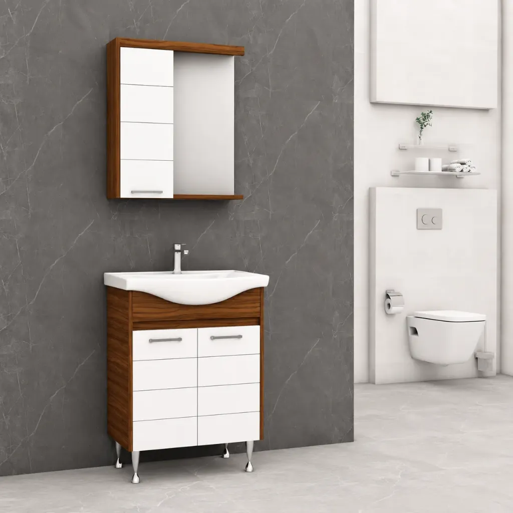Nisa/A Bathroom Furniture Set with Ceramic Sink and Mirror Cabinet (60 cm, No)