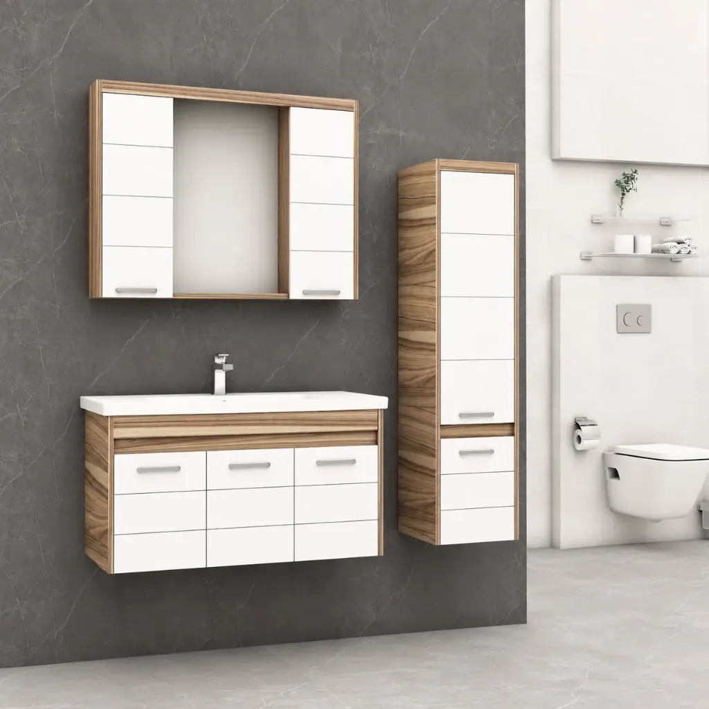 Nisa/B MDF Bathroom Furniture Set with Ceramic Sink and Mirror Cabinet (80 cm, No)