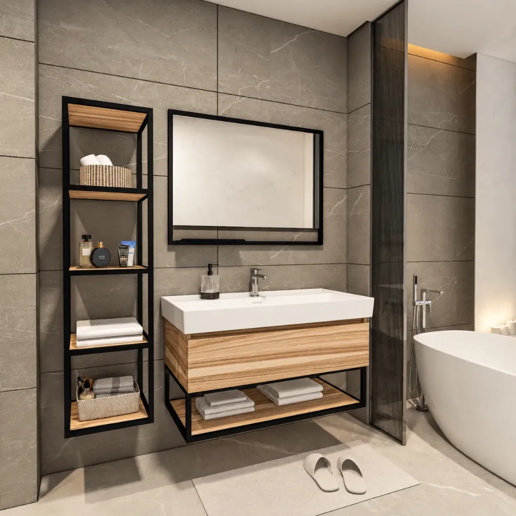 Sharp/A 100 cm MDF Bathroom Furniture with Washbasin and Metal Frame Mirror (No)