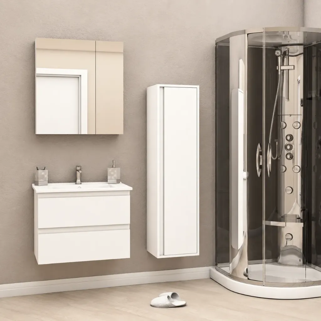 Sally White Wall-Mounted Bathroom Furniture Set with Ceramic Sink and LED Mirror (60 cm, No, Double washbasin)
