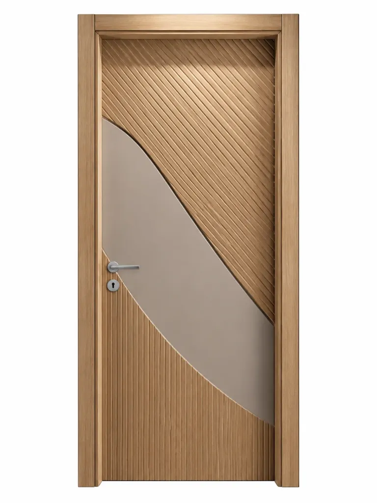 Porte aspect bois recouverte de film PVC avec design à lignes courbes